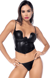 Ensemble sexy 2 pièces noir en similicuir avec bustier à armatures Noir