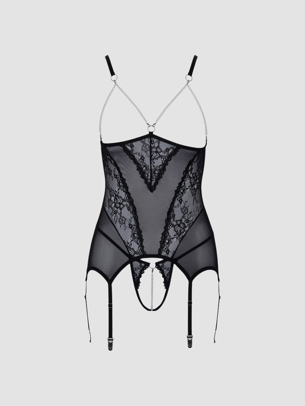 Guêpière ouverte perles & dentelle noir