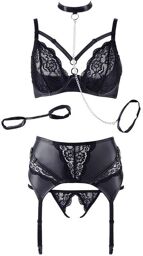 Ensemble 3 Pièces Effet Cuir & Dentelle Avec Laisse Noir Noir