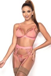 Ensemble 3 pièces rose pâle soutien-gorge string porte-jarretelles Rose pastel
