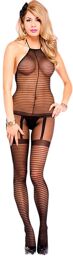 Bodystocking noir entre-jambes ouvert effet guêpière à rayures Noir