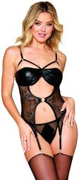 Guépière porte jarretelles échancrée noir dentelle et simili cuir avec string inclus - DG13282BLK Noir