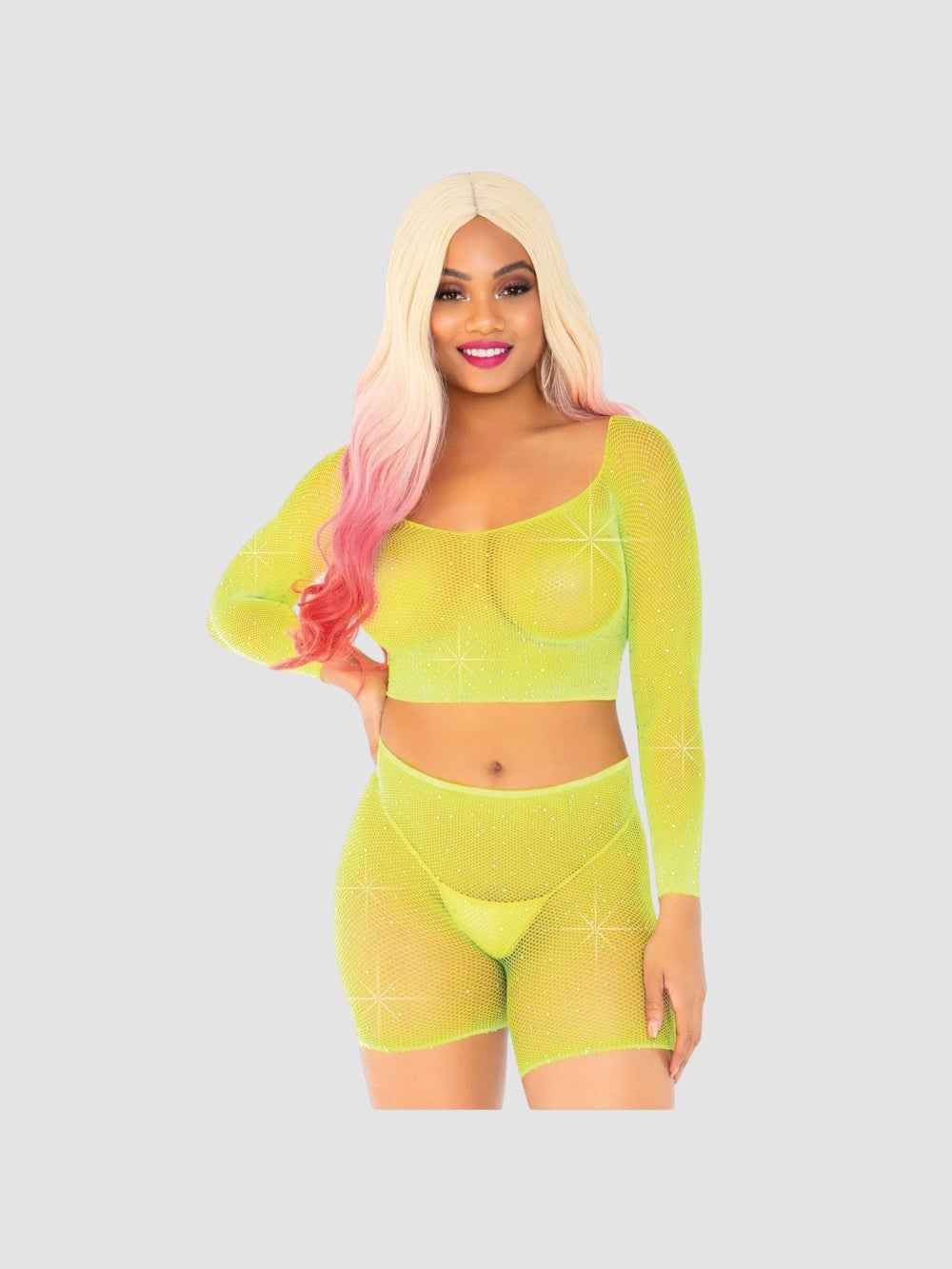 Ensemble 81608 Crop Top & Cycliste Résille Jaune Fluo