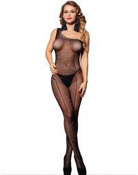bodystocking une épaule réseille avec diamants noir taille unique