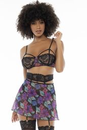 Deux-en-un, nuisette et ensemble trois pièces noir, tissu fleur exotique Imprimé floral