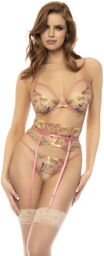 Ensemble 3 pièces avec dentelle brodée florale, soutien gorge, porte jarretelles tour de taille et string Rose