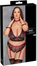 Ensemble lingerie en dentelle fine noire avec détails rouges et accessoires argentés Noir