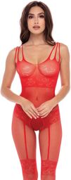 Bodystocking fantaisie rouge ouvert à l'entrejambe Rouge