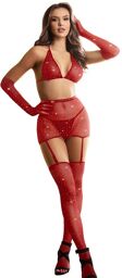 bodystocking resille avec gants et diamants rouge taille unique