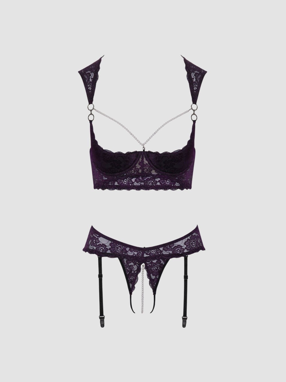 Ensemble 2 pièces ouvert motif floral violet & perles blanches