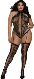 Combinaison Grande Taille dans un style Body string en dentelle avec des détails croisés Noir
