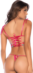 Ensemble 2 pièces brodé rose et bleu, bustier et string Rose