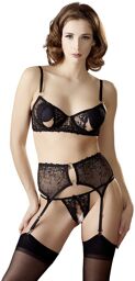 Soutien-gorge dentelle, porte-jarretelles et string ouvert noir Noir