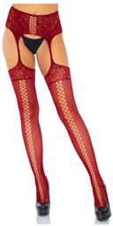 Collant Effet Porte-Jarretelles 1781 en Dentelle & Résille Rouge Rouge