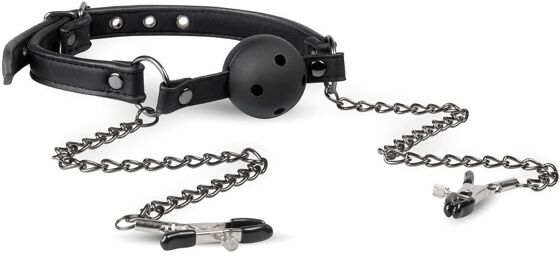 Bâillon à boule ouvert avec pinces à tétons