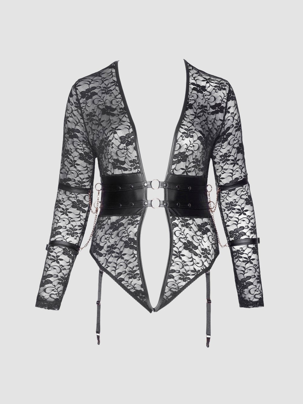 Body Ouvert Dentelle, Simili Cuir & Menottes Noir GT