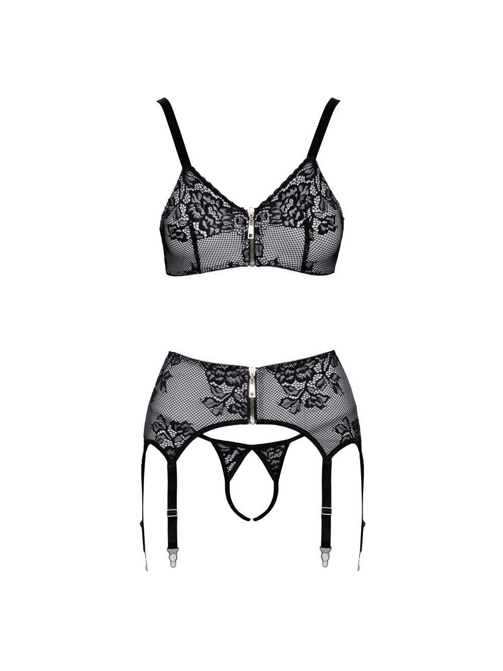Ensemble 3 pièces ouvert zip & dentelle noir