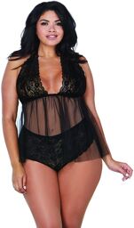 Babydoll dentelle et résille, string assorti grande taille - DG12190XBLK Noir