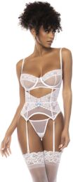 Bustier Chloe en dentelle et résille, avec armatures, porte jarretelles réglables et string assorti Blanc