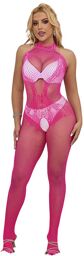 bodystocking résille et dentelle sans fourrure avec col montant rose taille unique