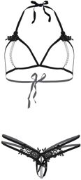 Open cup bra and pearl panty Noir
