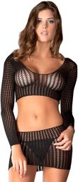 Ensemble noir top court manches longues et mini-jupe ajourés Noir