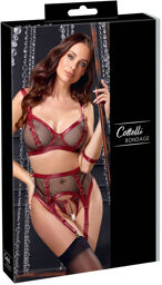 Ensemble lingerie sexy en résille noire et rouge foncé avec détails dorés Rouge