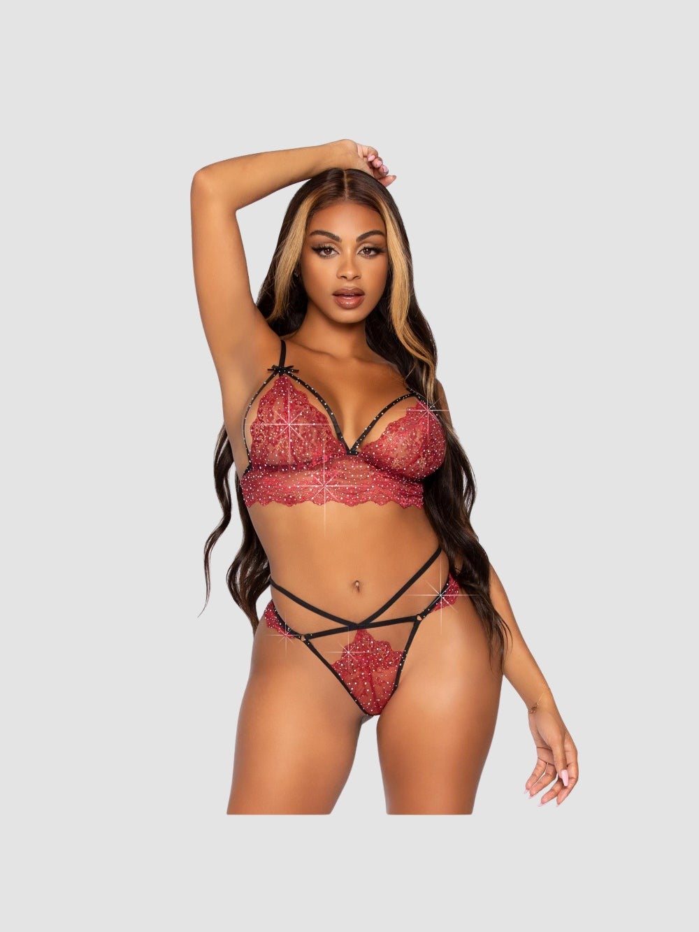 Ensemble 2 Pièces 81623 Lanières & Strass Bordeaux