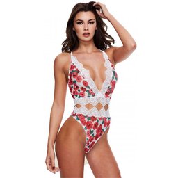 Baci - Body-string blanc en dentelle et motifs à fleurs
