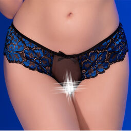Tanga ouvert en dentelle CR-4712 noire et bleue Noir