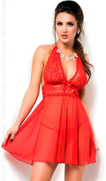 Nuisette et string en dentelle rouge Rouge