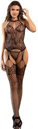 bodystocking en résille sans fourche avec détails floraux et col lien noir taille unique