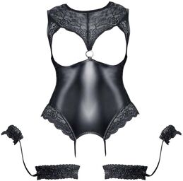 Body Ouvert Effet Cuir & Dentelle Avec Jarretelles Menottes Noir