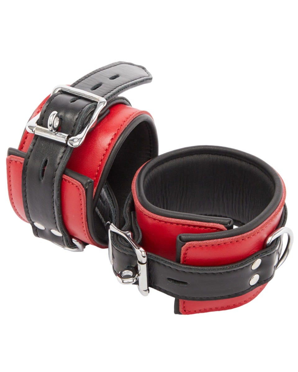 Menottes poignets rouges et noires en cuir véritable