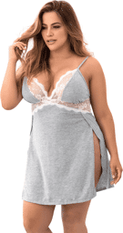 Nuisette en coton grise grande taille fendue sur les côtés et finition dentelle blanche Gris