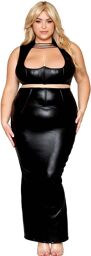 Ensemble Soutien-gorge et jupe longue, grande taille, noir en simili cuir Noir