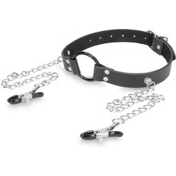 Bâillon Anneau avec Pinces à Seins O-Ring Gag