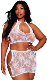Ensemble 2 pièces grande taille top et jupe en résille fantaisie blanche Blanc