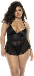 Body effet babydoll Pearl grande taille en wetlook noir et résille Wetlook noir