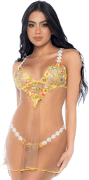 Nuisette transparente brodée jaune et string Jaune