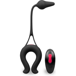 Anneau pénis ring vibrant avec plug anal Lucifer - Cockring penien pour homme et couple - Noir