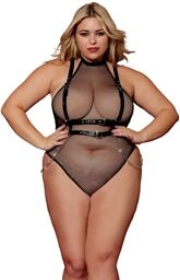 Body en résille, grande taille, avec Harnais simili cuir et chaines Noir