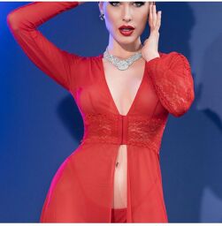 Chemise de nuit longue et tanga Rouge
