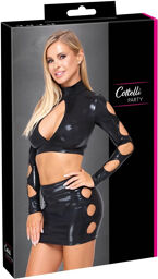 Ensemble Top et mini-jupe en wetlook noir LD-1023 Noir