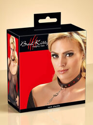 Collier avec laisse en simili cuir noir et rouge