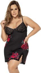 Mapalé Nuisette noire grande taille motif fleuri et string assorti Imprimé fleur