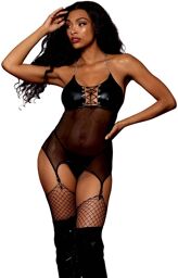Nuisette avec porte-jarretelle en simili cuir et fine résille Noir