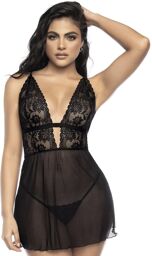 Nuisette avec large décollectée en dentelle et résille noire et string assorti Noir