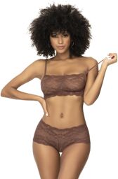 Ensemble 2 pièces en dentelle, top à bretelles et shorty couleur cacao Cacao