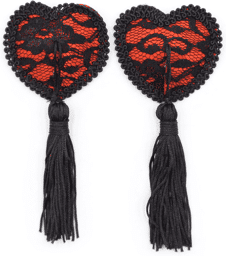 Paire de cache tétons adhésifs en forme de cœur avec dentelle noire et pompom